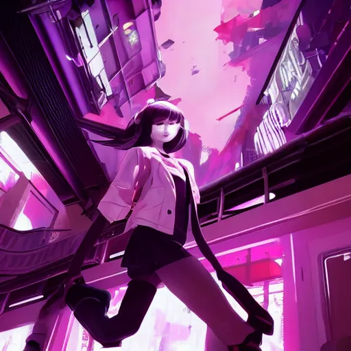 Image similar to Frequency indie album cover, luxury advertisement, white and magenta colors. highly detailed post-cyberpunk sci-fi close-up schoolgirl in asian city in style of cytus and deemo, mysterious vibes, by Ilya Kuvshinov, by Greg Tocchini, nier:automata, set in half-life 2, beautiful with eerie vibes, very inspirational, very stylish, with gradients, surrealistic, postapocalyptic vibes, depth of filed, mist, rich cinematic atmosphere, perfect digital art, mystical journey in strange world, beautiful dramatic dark moody tones and studio lighting, shadows, bastion game, arthouse