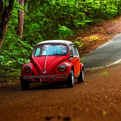 Image similar to promotional scifi - mystery movie scene of a real ladybug that is a hybrid with a ( volkswagen beatle ) hybrid, flying down a dusty back - road in smokey mountains tennessee. cinematic, 4 k, imax, 7 0 mm, muted dramtic color, hdr