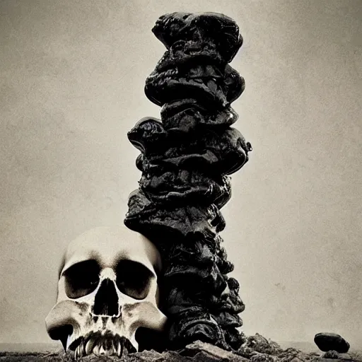 Image similar to vertical pile of melting skull vomiting black tar, anka zhuravleva