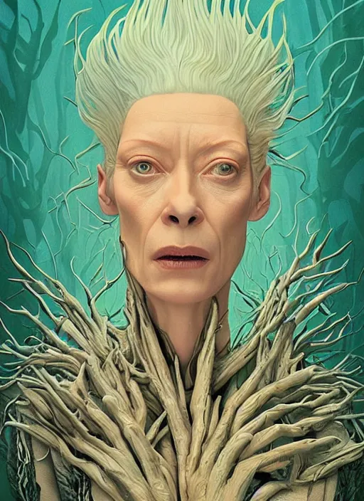 Prompt: poster artwork by Michael Whelan and Tomer Hanuka, Karol Bak of Tilda Swinton as the log lady, from scene from Twin Peaks, clean