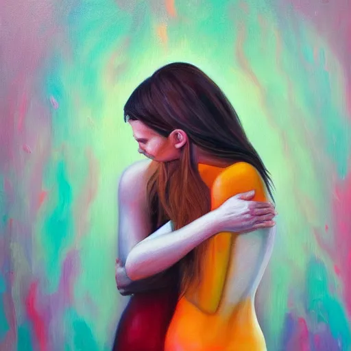 Image similar to stunning oil painting portrait of a young woman hugging an abstract human figure in the style of Meredith Marsone, spring colors