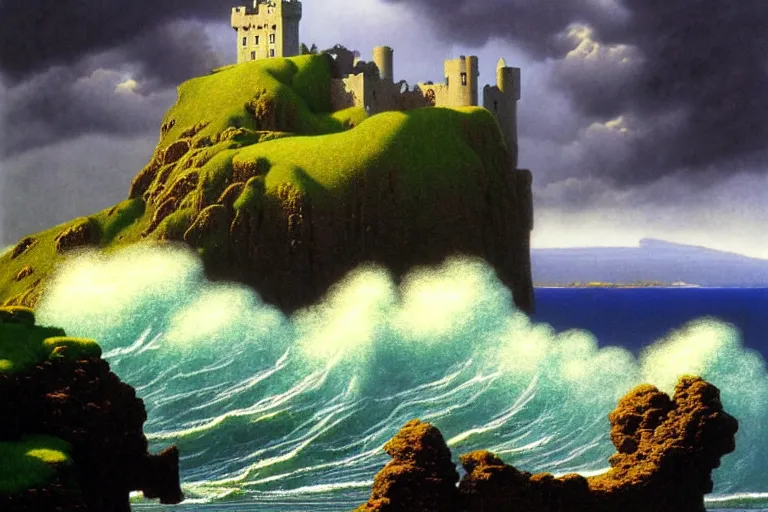 Prompt: a landscape of an irish castle on a seaside cliff, dark clouds, waves crashing, fantasy painting by michael whelan and maxfield parrish, 4 k, hd, award winning, intricate details