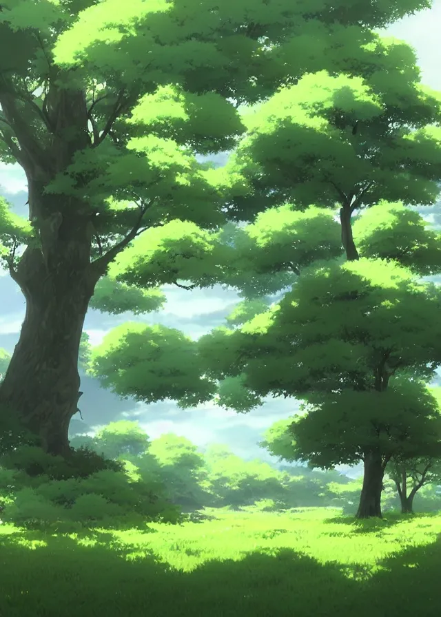 Prompt: landscape with a grand green tree, makoto shinkai