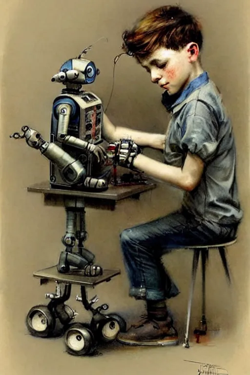 Image similar to (((((1950s a boy working on his robot . muted colors.))))) by Jean-Baptiste Monge !!!!!!!!!!!!!!!!!!!!!!!!!!!