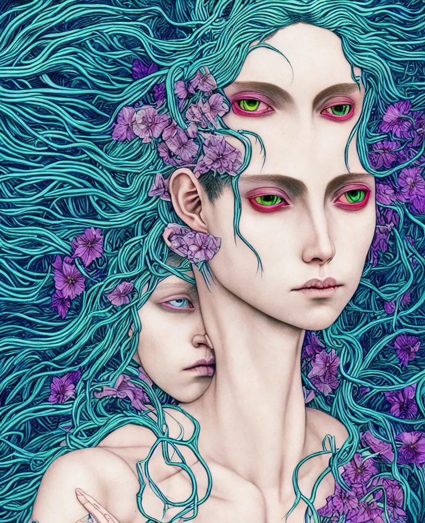Image similar to 1 figure, the non-binary deity of Spring, resembling a mix of Grimes, Aurora Aksnes, and Zoë Kravitz, in a style blend of Botticelli, Möbius and Æon Flux, stunningly detailed artwork, hyper photorealistic 4K, stunning gradient colors, very fine inking lines