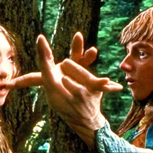 Image similar to a young wizard casting the charm person spell on a wood elf, frame from the dungeons and dragons movie