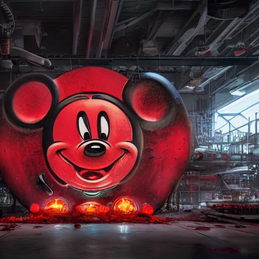 Prompt: a giant mickey mouse head, factory floor, dissected by network executives, octane render, cgstation, 3 d render, very detailed, mindblowing, blood and guts, gritty, cyberpunk, red and cinematic lighting, hyper realism