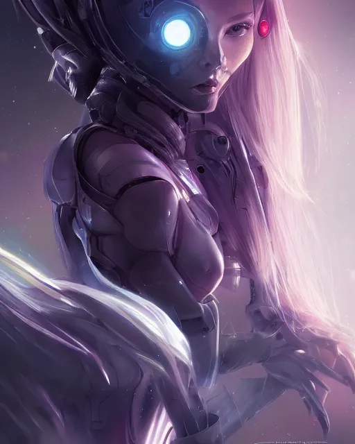 Prompt: perfect android girl on a mothership, warframe armor, beautiful face, scifi, futuristic, galaxy, nebula, raytracing, dreamy, digital painting, long white hair, blue cyborg eyes, sharp focus, intricate, highly detailed, artstation, intricate, innocent, art by gauthier leblanc, kazuya takahashi, huifeng huang