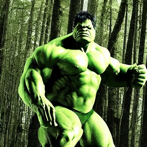Image similar to the Incredible Hulk as a Sasquatch in the forest