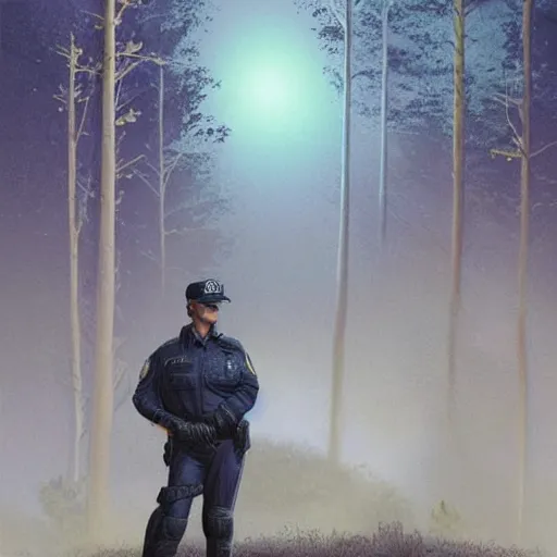 Prompt: kim kardashian as a cop wearing a police uniform, full body pov, emotion scared, night time forest with a ufo sitting in the fog, pretty, aesthetic, matte detailed photo, DeviantArt, Artstation, by donato giancola, ralph horley, loish, ufo lighting