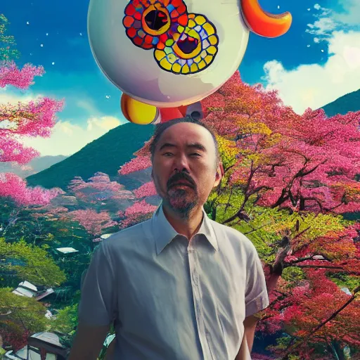 Image similar to a man walking on clouds away from the camera above kyoto by takashi murakami, beeple and james jean, aya takano color style, 4 k, super detailed, modern, 4 k, symmetrical