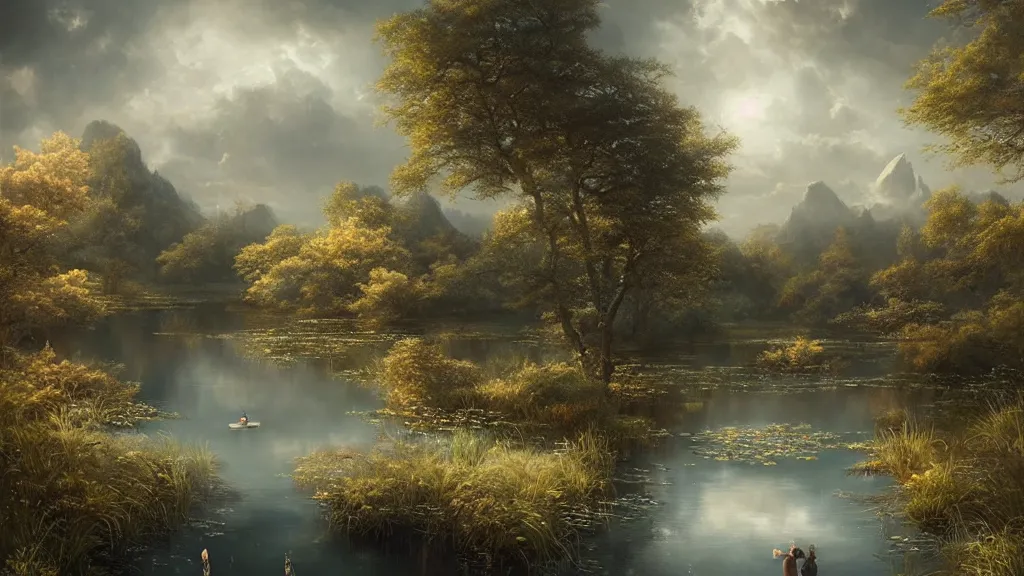 Image similar to a ultradetailed beautiful matte painting of a peaceful pond with a clear water and a magical wind blowing gently, landscape, high resolution 4 k, by tom bagshaw, greg rutkowski, charli bowater and artgeem