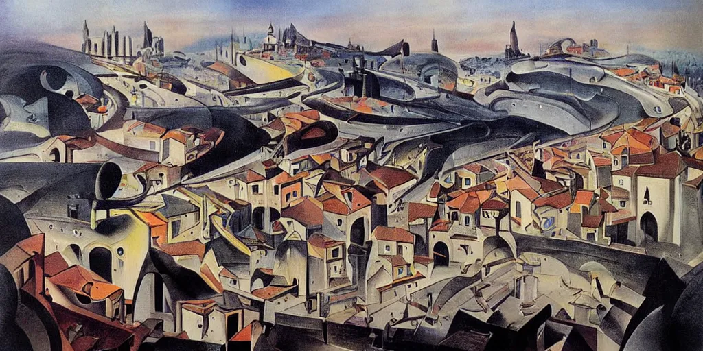 Prompt: futuristic city of Amarante, painting by Dali