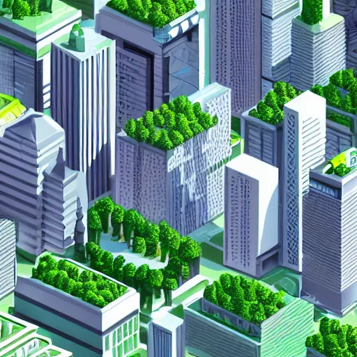 Prompt: isometric illustration of a dense urban city, lots of tall buildings and trees, pastel green and pastel pink colors, fun, soft, extremely detailed, 3d render, playful, sharp lines, toon shader, soft shadows, trending on artstation