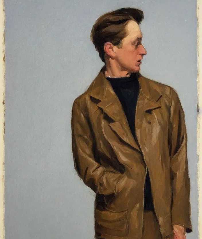 Image similar to a very detailed portrait of a man, wearing an 8 0 s leather jacket with big shoulder pads, front view, in the style of edward hopper and oswald hornby joseph birley and susan ryder, very small brushstrokes, 4 k,