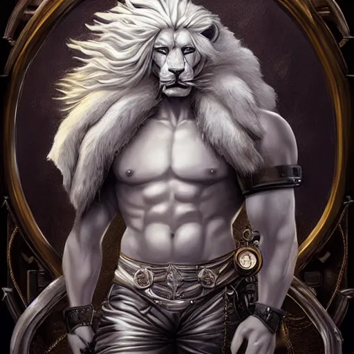 Prompt: aesthetic portrait commission of a albino muscular and attractive anthro lion as a greek steampunk god overlord with mane fur turning into industrial revolution smoke in the British clouds, fantasy art, hyperdetailed. Character design by charlie bowater, ross tran, artgerm, and makoto shinkai, detailed, inked, western comic book art, 2021 award winning painting