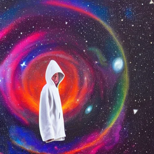 Image similar to guy with white hoodie levitates in the center of the galaxy painting