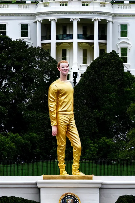 Image similar to A beautiful gold stone statue of Mark Zuckerberg in front of White House, photo by Steve McCurry, heroic pose, detailed, smooth, smiling, professional photographer