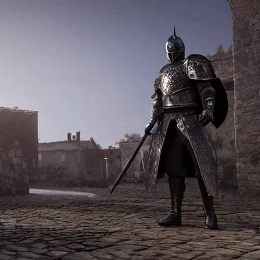 Image similar to a black knight standing in front of a village, full 8 k highly detailed unreal engine 5 render