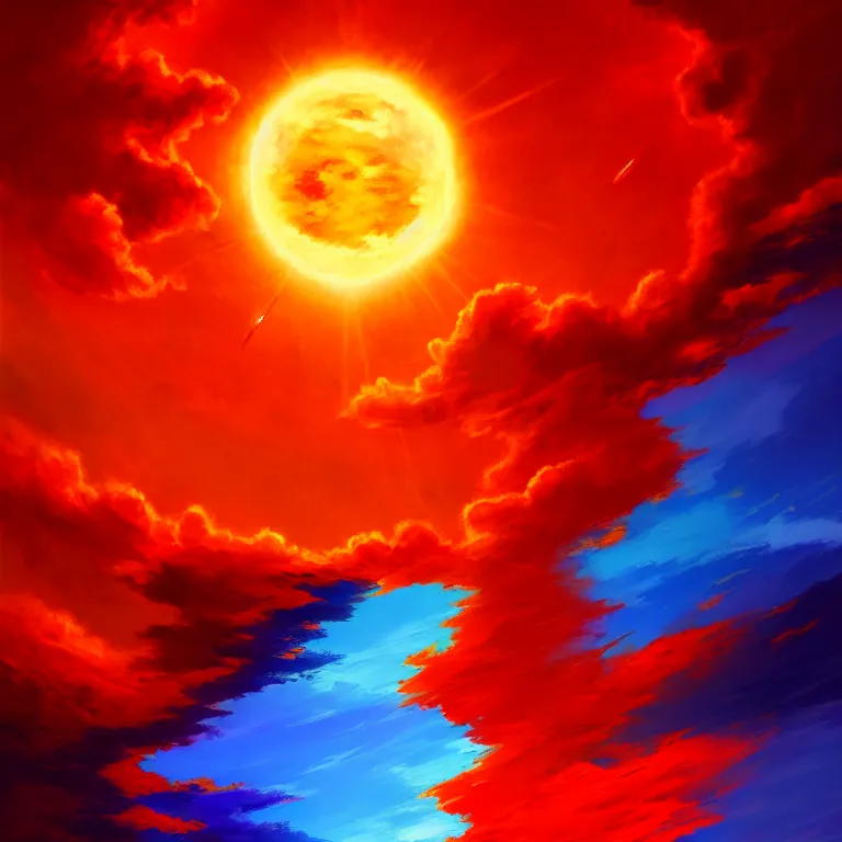 Prompt: crimson and azure become as the sun; detailed, best on artstation, epic, masterpiece