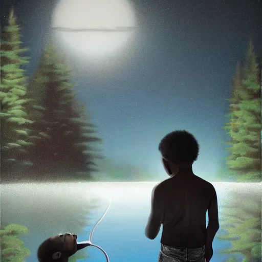 Image similar to a retro realistic illustration of a ghost!!! shining in a lake while a black kid! stares at it with a florest! in the background, a scenic view, realistic, volumetric light, detailed oilpainting, trending on artstation.