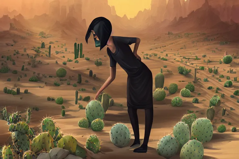 Image similar to a photo of a dystopian desert with loots of Cacti, sandy colours, sandy green, sandy, sandy beige, sobbing sad black silhouette of a person!, cantered, by Cyril Rolando!!!!!!, trending on DeviantArt, desolated, dark, 8k resolution, rendered in Zbrush