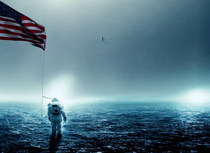 Image similar to astronaut holding a flag in an underwater desert. a submarine is visible in the distance. dark, concept art, cinematic, dramatic, atmospheric, 8 k, trending on artstation, blue, fish, low visibility, fog, ocean floor, christopher nolan, interstellar