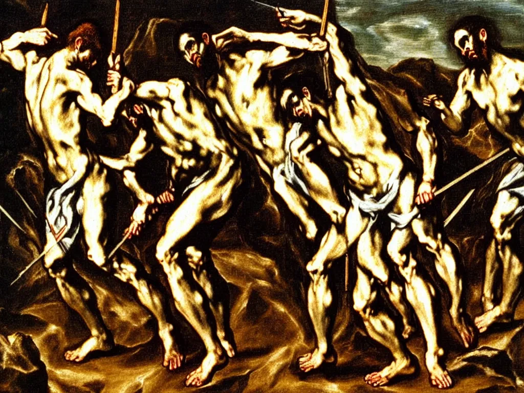 Image similar to detailed painting Cain stabs Abel with a spear by El Greco, mythological, oil painting