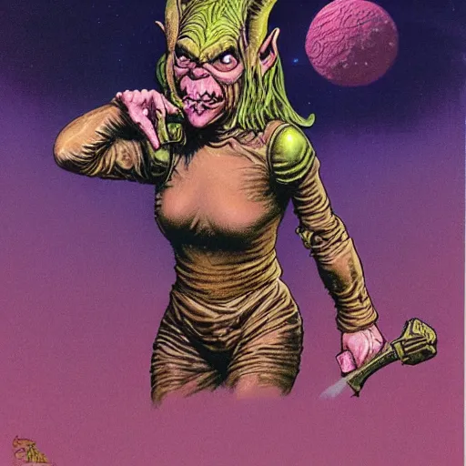 Image similar to portrait of ethereal young goblin princess in golden armour by Richard Corben