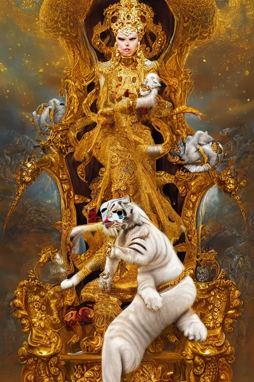 Image similar to ultradetailed painting of a beautiful grand empress on a throne made of gold and Jewels with a single white tiger guardian at her side by Karol Bak, magical realism, volumetric lighting, depth of field, 4k