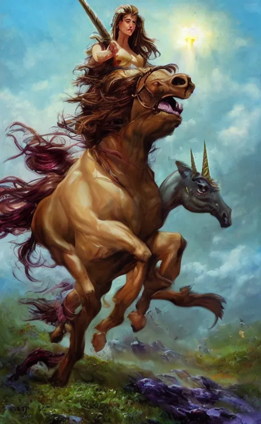 Image similar to A beautiful brunette girl on a unicorn charges an ugly stone giant, good against evil, brilliant, oil on canvas, smooth, colorful and impactful, by Ralph Horsley, 8K