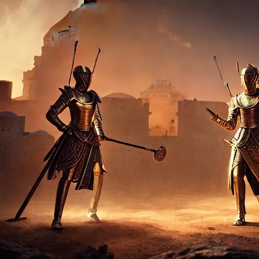 Image similar to An portrait of a female Knights of Zodiac, fgolden and copper armor, fighting at ancinet Agora of Athens, ruins, Golden Light, illustration, art by greg rutkowski and Daeho Cha and WLOP, volumetric light, lightrays, smoke, cinematic, intricate, hypermaximalist, super detailed