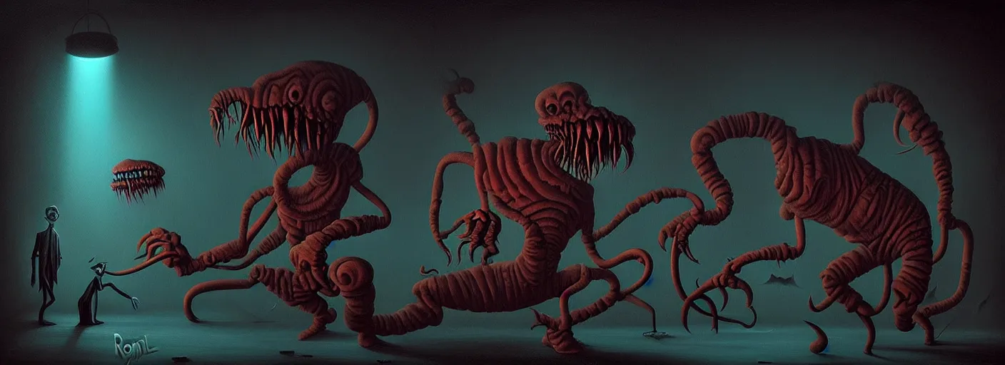 Image similar to uncanny monsters from the depths of the collective unconscious, dramatic lighting, surreal dark fleischer cartoon characters, surreal dark muted painting by ronny khalil