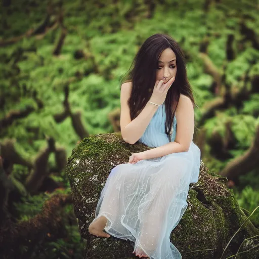 Image similar to , a girl covered in vines sitting on a rock 5 0 mm lens, f 1. 4, sharp focus, ethereal, emotionally evoking, head in focus, volumetric lighting, blur dreamy outdoor,