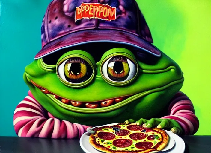 Prompt: hyper realistic detailed painting of a heavy tattooed pepe the frog family in punk clothes in mid 70s italian restaurant eating pepperoni bug pizza with roasted rainbow tungsten cube and sipping on a hopium with a dash of doom juice by Andrei Tarkovsky, Adrian Ghenie, Storm Thorgerson, and Beeple, semi naive, pastel colors, Hilma af Klint color palette, cinematic, very coherent symmetrical artwork, cinematic, hyper realism, high detail, 8k, last supper composition. Beksinski painting, part by Adrian Ghenie and Greg Hildebrandt. art by Ron Mueck. masterpiece