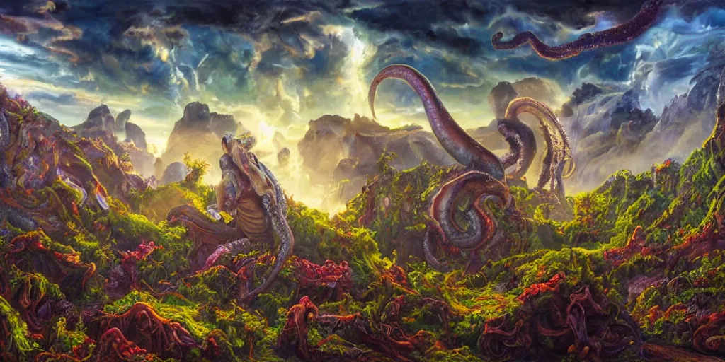 Image similar to fantasy oil painting, great leviathan, cybernetic turtle cephalopod terrapin reptilian pachyderm squid, bella hadid, hybrid, milla jovovich, anubis, epic natural light, lush plants flowers, spectacular mountains, bright clouds, luminous sky, outer worlds, golden hour, michael cheval, edward hopper, michael whelan, vray, hd