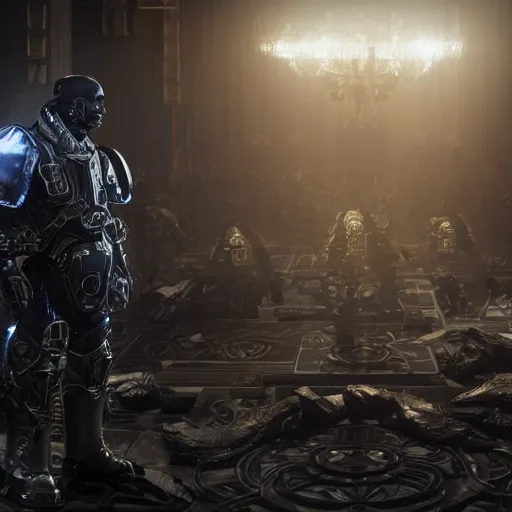 Image similar to Portrait of Kanye West as the emperor of humanity from warhammer 40k in Gears of War, splash art, movie still, cinematic lighting, dramatic, octane render, long lens, shallow depth of field, bokeh, anamorphic lens flare, 8k, hyper detailed, 35mm film grain