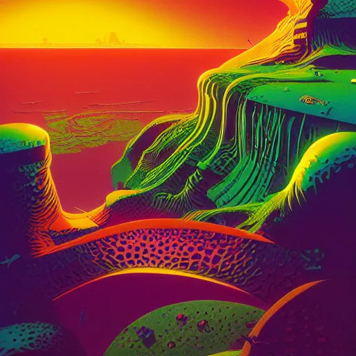 Image similar to striking colours vivid, gaps holes, neonothopanus, creatures, metropolis in distance, moons, realistic landscape art by roger dean, reflections, art by michael whelan, organic textures, seedpods, art by kilian eng, moebius artwork, hires 8 k detailed natural textures