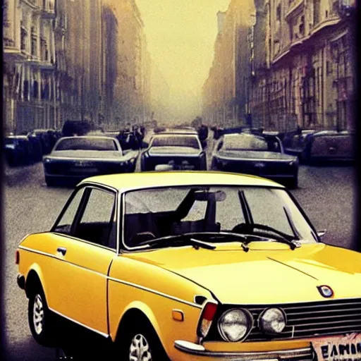 Image similar to fiat 124 berlina in soviet city. Film poster. Epic cinematic