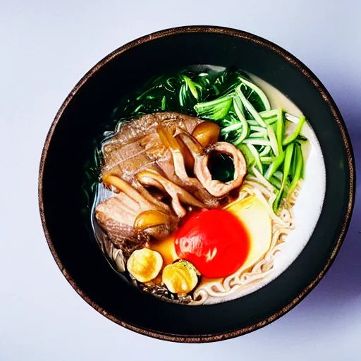 Prompt: rat in japanese ramen bowl, michelin star restaurant, award winning photo, food photography, 8 k