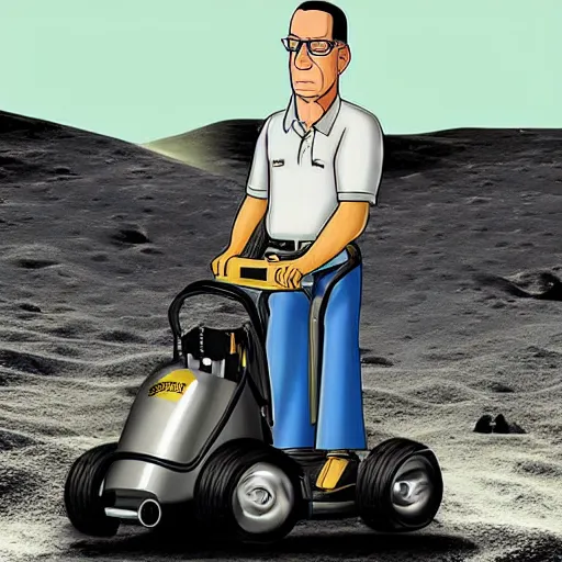 Prompt: photorealistic Hank hill from “King of the Hill” wearing a full suit of medieval armor, riding a lawnmower on the moon, National Geographic photo