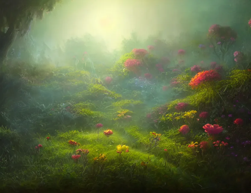 Prompt: amorphous, gooey life form crawling over a garden in a beautiful foggy morning. oil painting, indie concept art, bloom, chiaroscuro, backlighting, intricate details, depth of field.