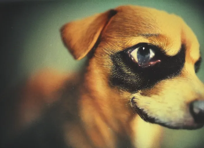 Image similar to a extreme close - up photo, color studio photographic portrait of a little dog bird hybrid, dramatic backlighting, 1 9 7 3 polaroid photo from life magazine,