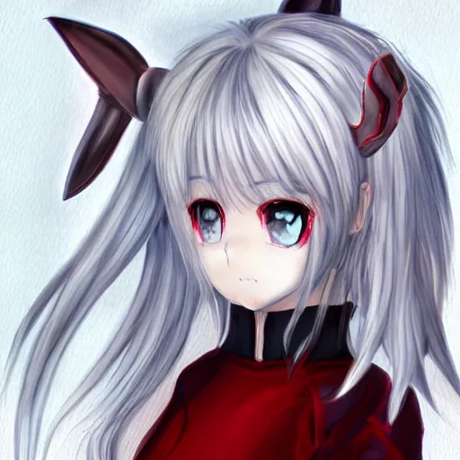 Image similar to white hair, red eyes, two small horn on the head, anime style, anime girl, sketch