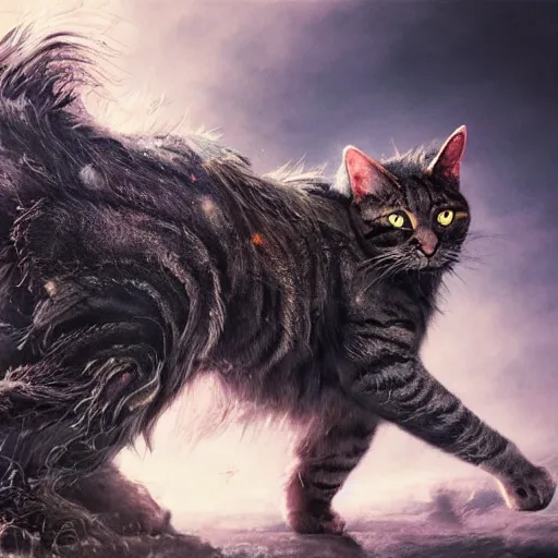 Image similar to giant cat attacking, 8 k ultra realistic animal, detailed intricate fur, decaying, full of colour, cinematic lighting, battered, trending on artstation, 4 k, hyperrealistic, focused, extreme details, unreal engine 5, cinematic, masterpiece, art by ayami kojima