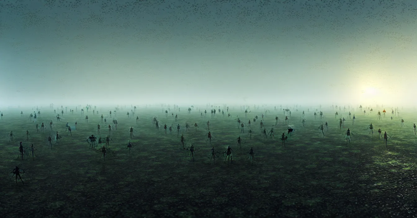 Prompt: realistic photo of wide battleground landscape, with army of transparent translucent insects fighting hardly futuristic human army, night, heavy rain, reflections, raytracing, raymarching, scattering, subsurface, full of reflections, volumetric fog light, dark and dramatic composition, deep depth, defocus, rendered in vray, raytracing, raymarching