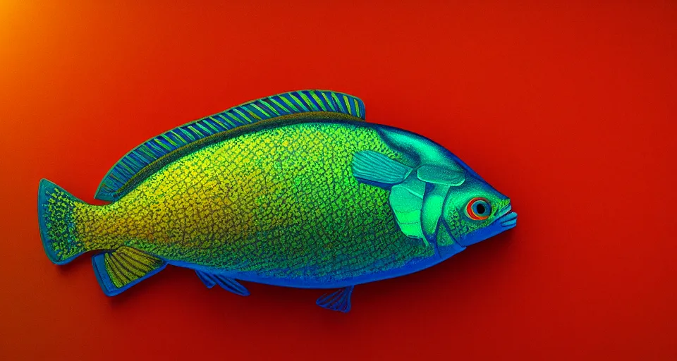 Prompt: a beautiful painting of a redfin perch, octane render, brilliantly coloured, intricate, ultra wide angle, trending on artstation, black light, volumetric lighting, ray lighting from top of frame, crepuscular ray lighting from above, dynamic lighting, muted colors, polished, micro details, ray tracing, 8 k