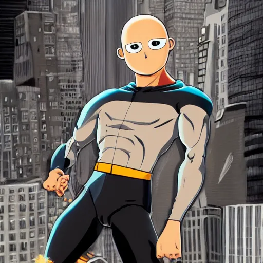 Prompt: very detailed full body concept character portrait illustration of saitama in new york city doing an action pose, action scene, digital illustration, concept art, matte painting, digital painting, illustration, amazing value control, 8 k, ultra detailed, in the style of sony pictures animation, minimal artifacts, rubber suit, graphic style