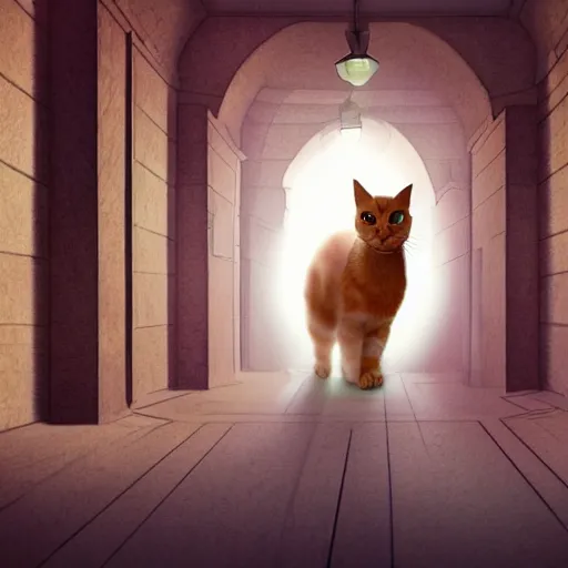 Image similar to a ginger cat that is walking down a hallway, egyptian art by hanns katz, pixabay contest winner, magical realism, anamorphic lens flare, storybook illustration, matte painting