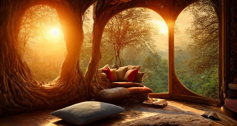 Prompt: an incredibly beautiful scene from a 2 0 2 2 fantasy film featuring a cozy art nouveau reading nook in a fantasy treehouse interior. a couch with embroidered pillows. a tree trunk. rustic windows. golden hour. 8 k uhd.